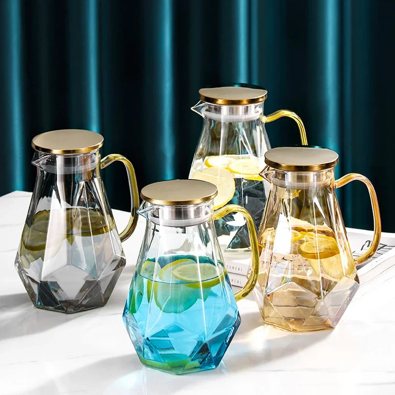 Heatable Gradient Glass Water Jugs Pitcher Cups Stainless Steel Stand Storage Tray Cold Hot Drinks Kettle Diamond Drinkware Set