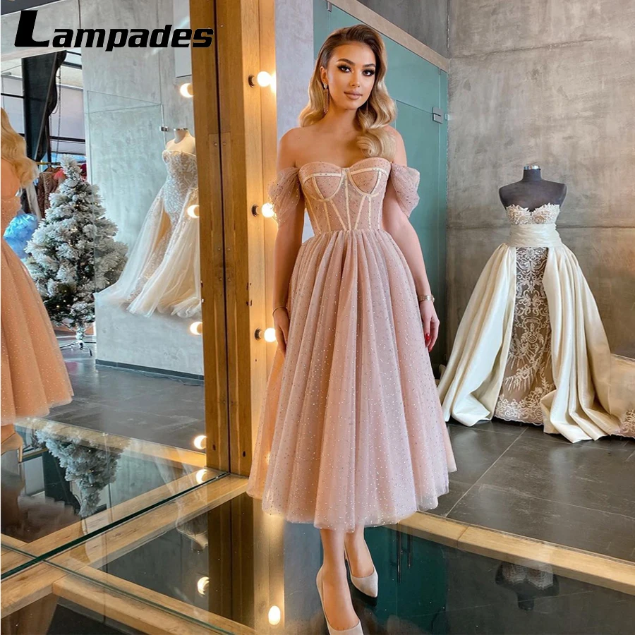 Off the Shoulder Mid Length Champagne Sequins Prom Dress Crystals Shiny Short Evening Dress Vestidos Largos De Fiesta De Noche
