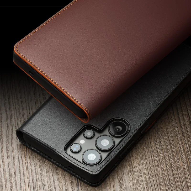 Genuine Leather Phone Case With Card Slots Cover For Samsung S25 + Plus Ultra