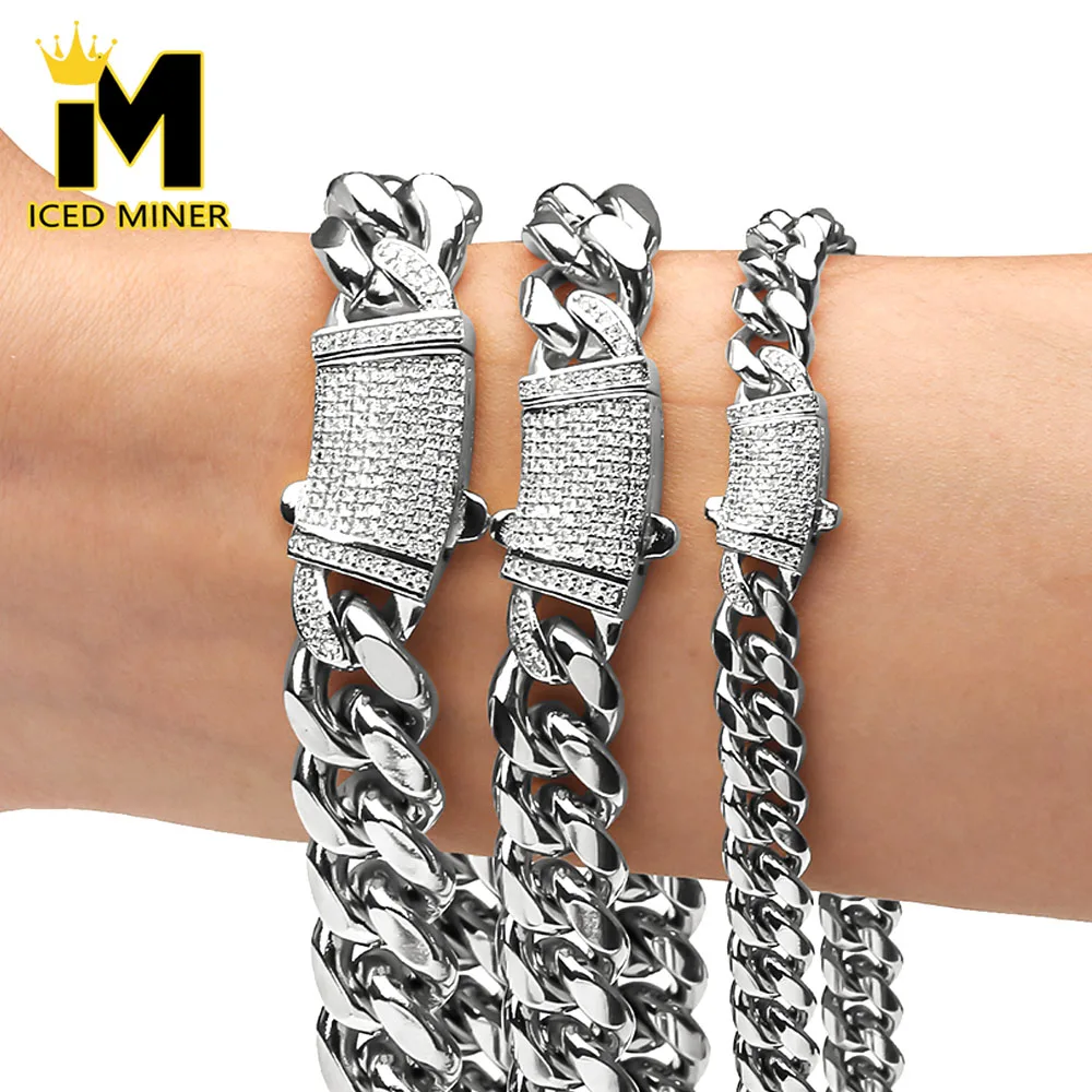 

14mm 316L Stainless Steel Cuban Chain Iced Out Link Necklaces for Men Women Bling Necklace Zircon Goth Hip Hop Jewelry Free Ship