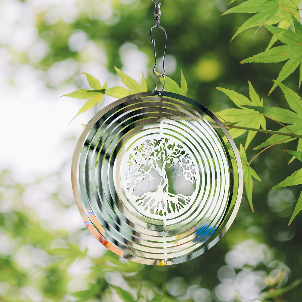 Wind Chimes 3D Metal Tree of Life Rotating Wind Chimes Streamer Effect Wind Spinner Mirror Reflection Catcher Home Garden Hanging Decoration