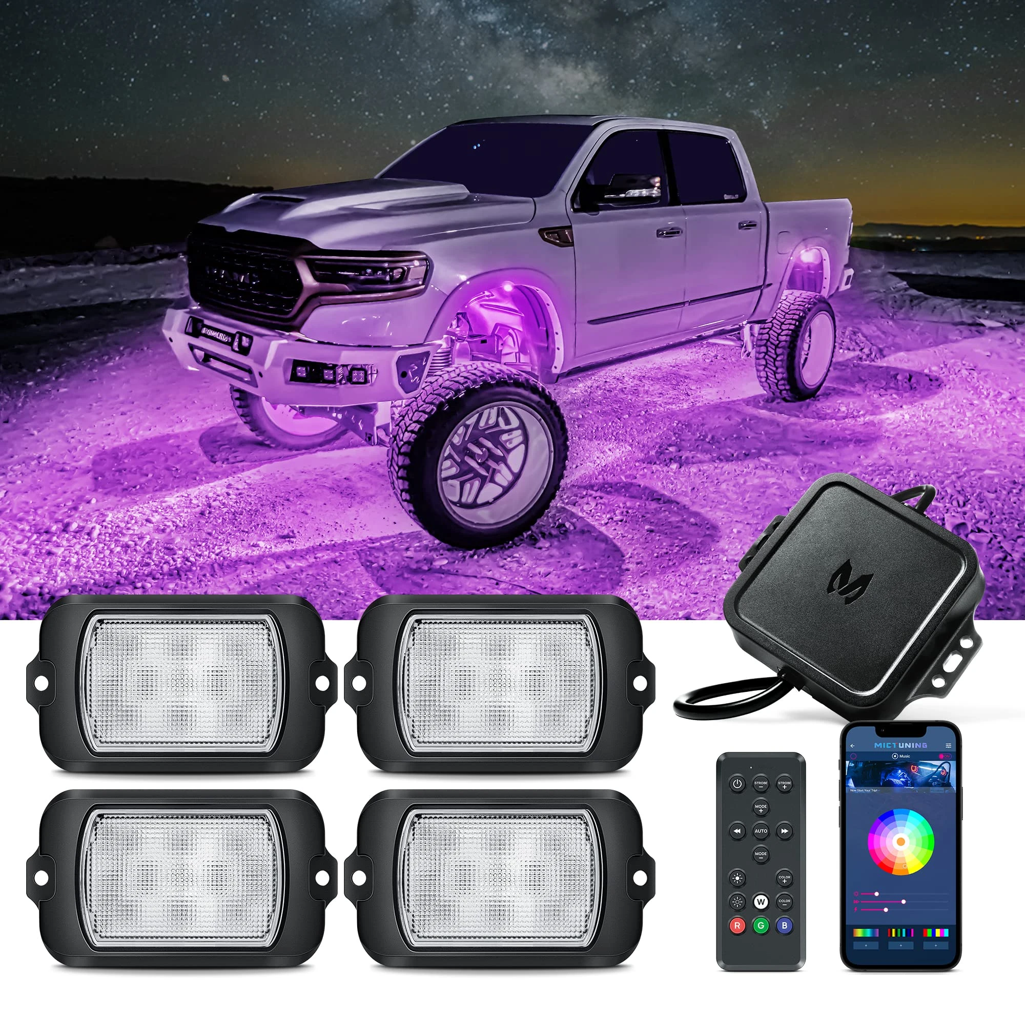 MICTUNING Upgrade X2 RGB LED Rock Lights Kits 4 Pods Multicolor Neon