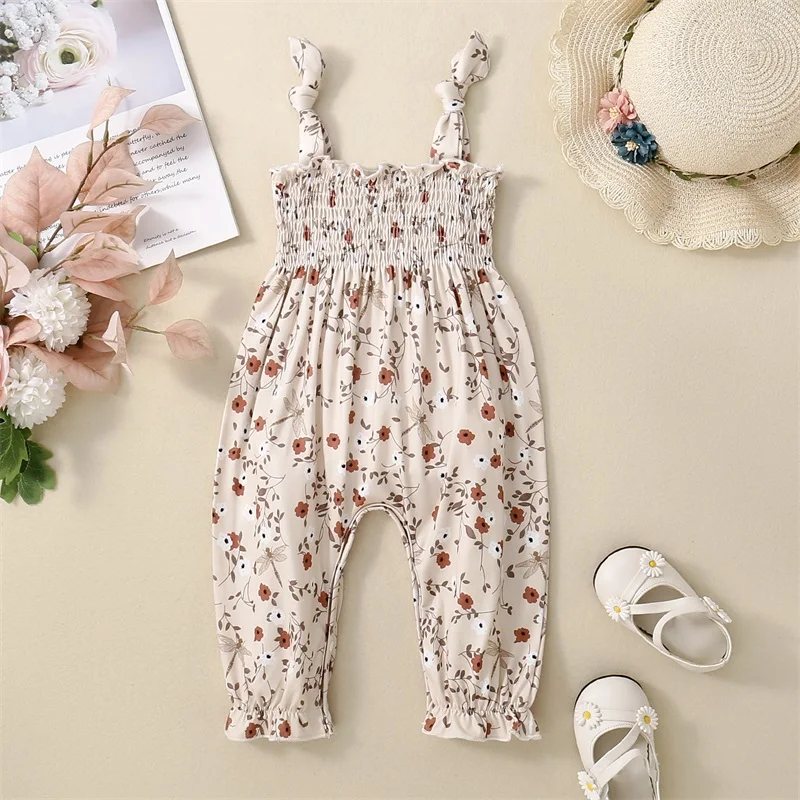 

Tregren Newborn Baby Girls Rompers Jumpsuit Tie-Up Straps Sleeveless Halter Floral Print Toddler Overalls Summer Infant Clothes