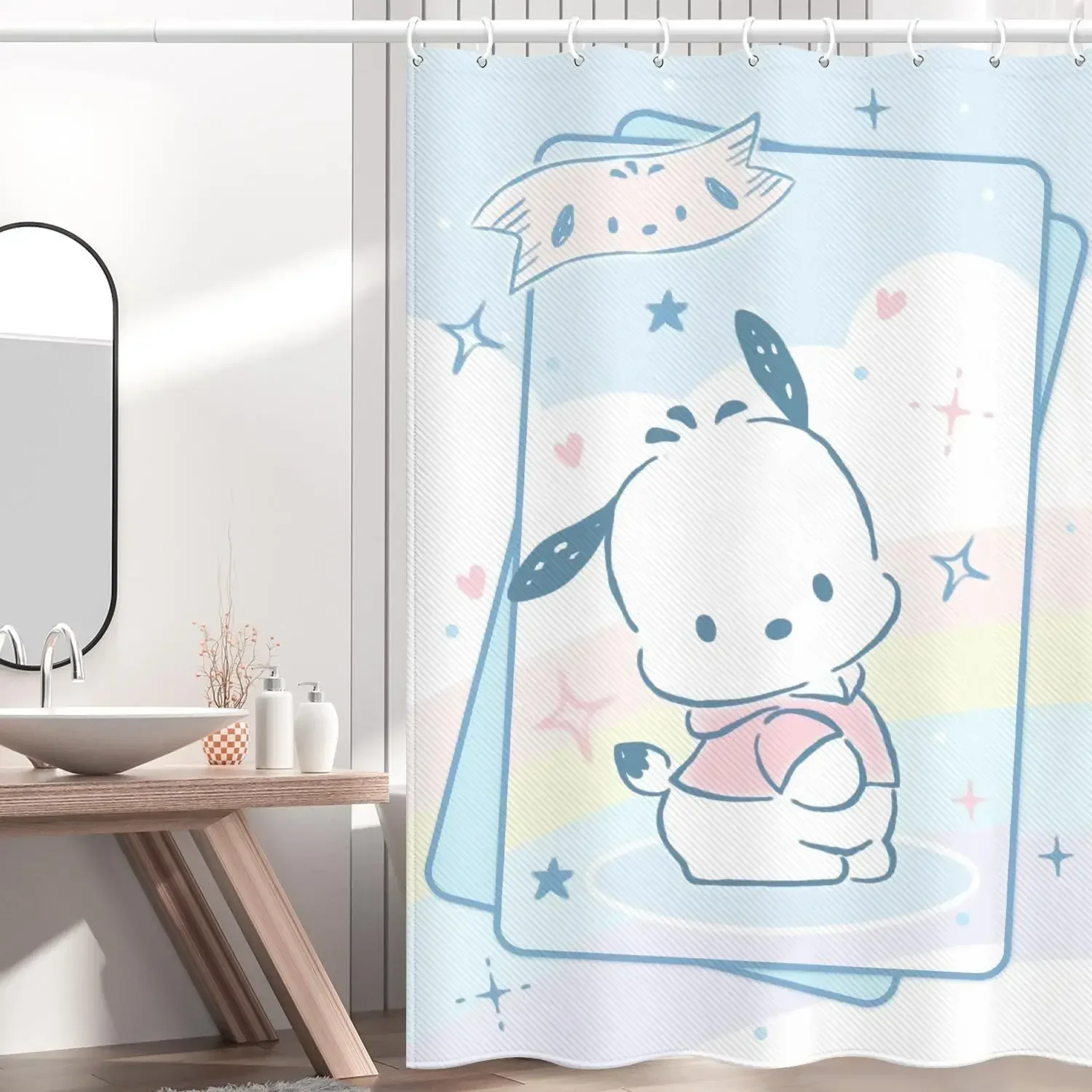 

Pink Blue Pochacco Cartoon Shower Curtains Kawaii Sanrios Cinnamonroll Waterproof Polyester Bathroom Curtain with Hooks Gift
