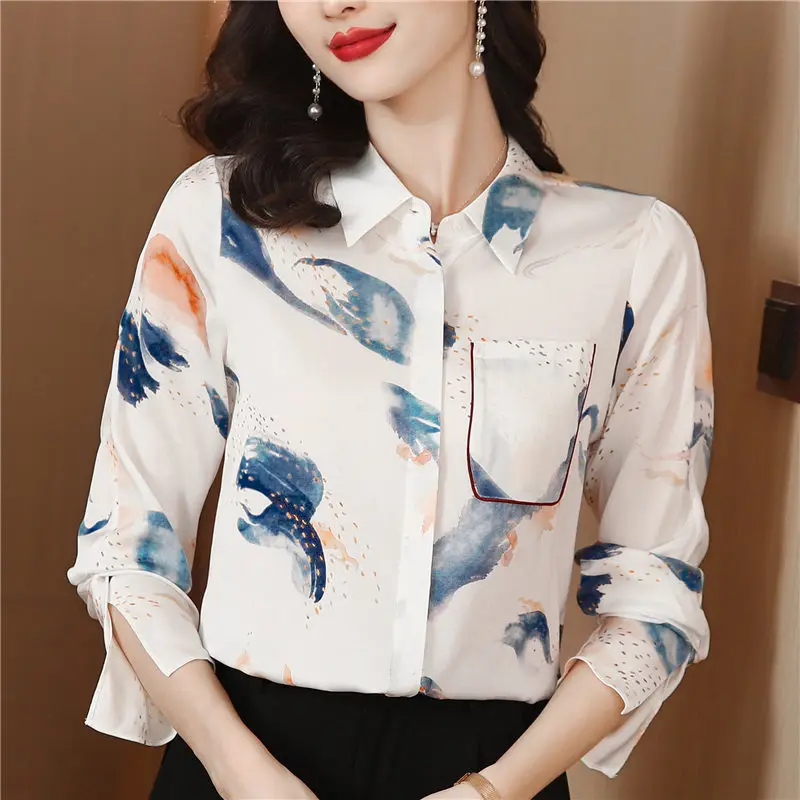 

Satin Printed Casual Women's Shirts New FASHION Silk Blouses Loose Polo Necks Ladies Clothing Spring/Summer Long Sleeves Tops