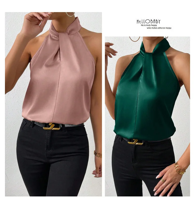 2025 Summer New Women's Vest Halter Neck Satin 20 Colors Sexy Elegant Fashion Top Office Turtleneck Sleeveless Shirt