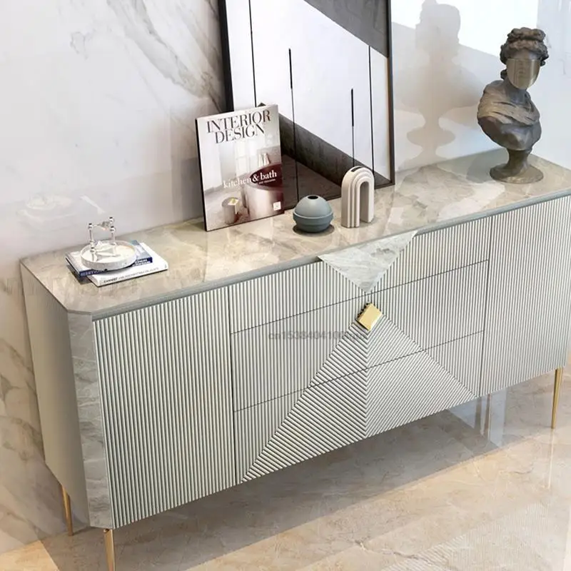 Light Luxury Kitchen Sideboard In Gray High Quality Rock Plate Countertop Italian Style Furniture Living Room Display Cabinet