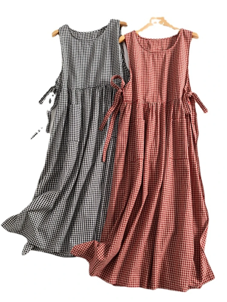 

Ladies Hemp Dress 2023 Summer New Fashion Japanese Sleeveless Lace-up Retro Literary Layered Mid-length Casual Plaid Dress