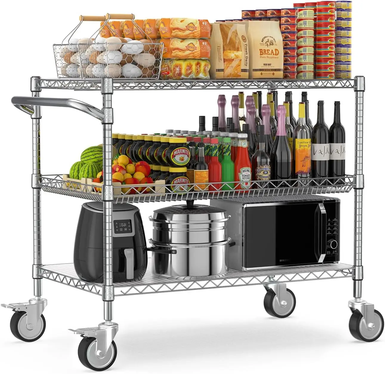 Heavy Duty Rolling Utility Cart,3 Tier Rolling Carts with Wheels, Handle Bar & Shelf Liners,45"