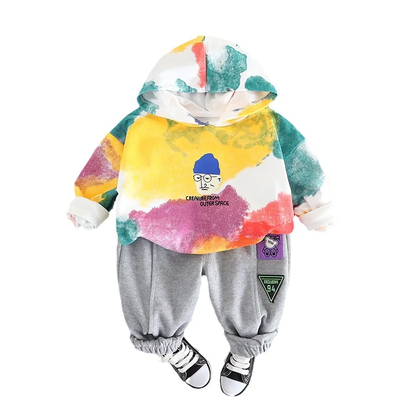 

2023 Autumn New Children's Suit Casual Tie Dye Hooded Sweatshirt and Gray Sport Pants Set for Kids Boys