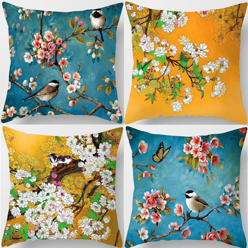 

Colorful Flower Cushion Retro Bird Flowers Green Leaves Decorative Pillows Decoration Pillowcase for Car Home