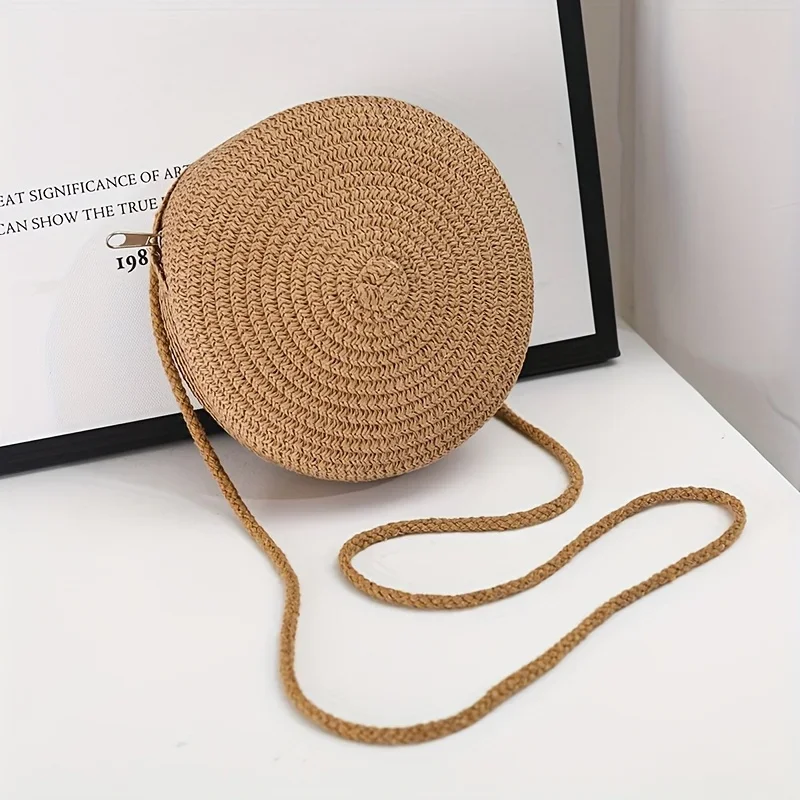 Handcrafted Charm Chic Round Woven Crossbody Bag for Women Handmade Straw Shoulder Purse, Perfect for Beach Vacations Beach Bag