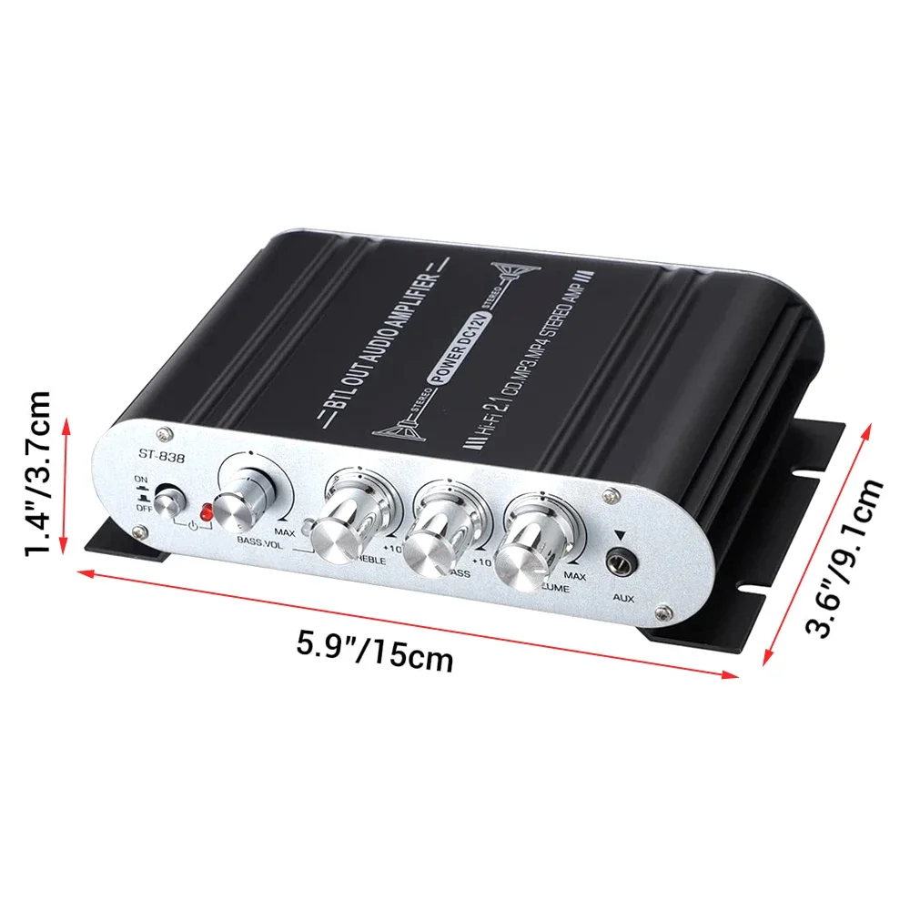 ST-838 HIFI 오디오 앰프, 2.1 CH 차량용 미니 파워 앰프, 트레블 베이스 조정, 20WX2 + 40W RMS 디지털 서브우퍼