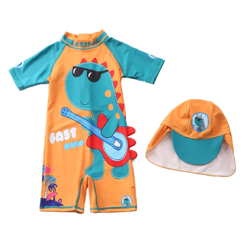 Kids Swimsuits Toddler Baby Boys One Piece Short Sleeve Swimsuits with Sun Hat UPF 50+ Sun Protection