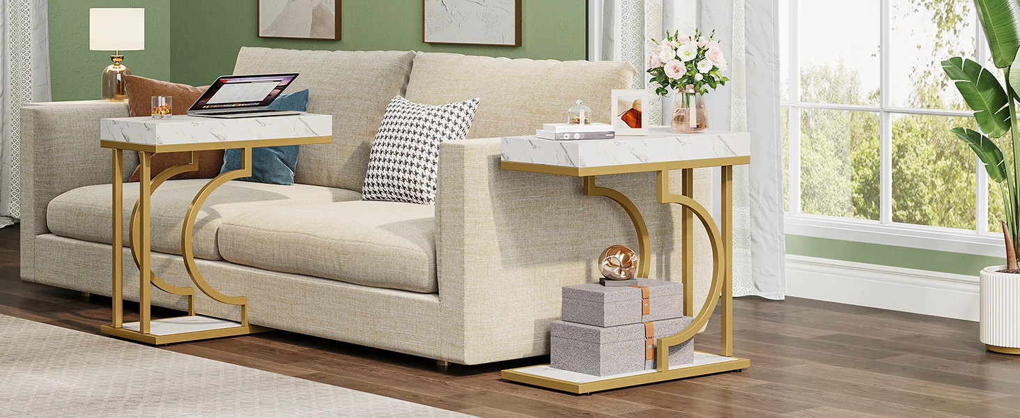 Narrow Side Table White Gold Side Table C Shaped End Table