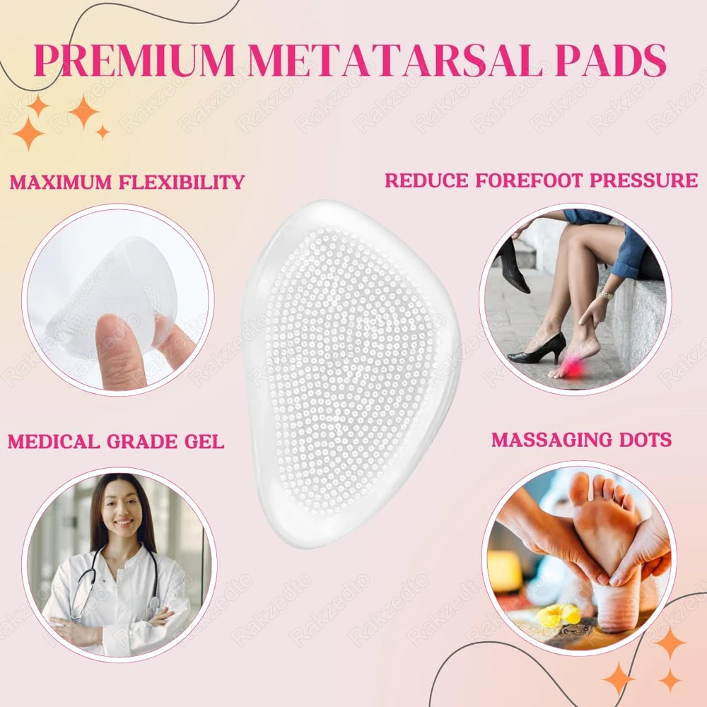 4Pcs Silicone Forefoot Insert Metatarsal Pads Ball of Foot Cushion for High Heels Sandals Pain Relief Non-slip Insoles for Shoes