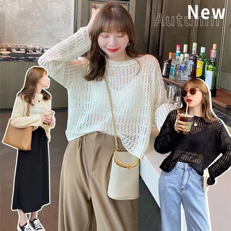 2026 New Sheer Knitted Top Women Fashion Fishnet Long Sleeve O-Neck Pullover Solid Color Hollow Out Casual Cover Up Knitwear
