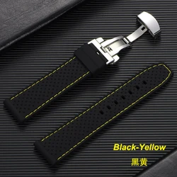 Premium Silicone Waterproof Watch Band with Butterfly Buckle, Breathable and Soft Rubber Replacement Strap - 22mm (Black - Yellow)