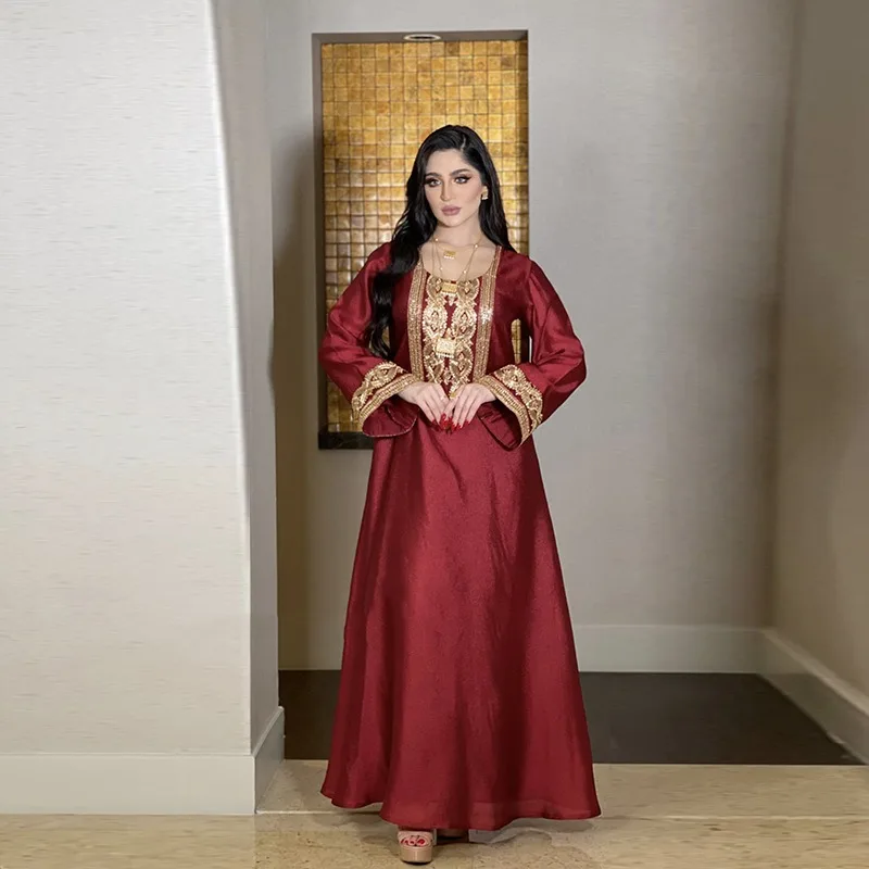 New Abaya Gold Silk Embroidered Sequins Middle East Muslim Robe Dress muslim dress women  kaftan  abaya dress
