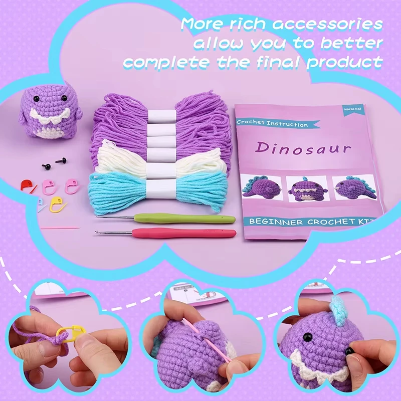 Fenrry Dinosaur Shape Doll Ornaments Hand Made Woven Crochet Wool Diy Crochet Knitted Material Bag Complete Set
