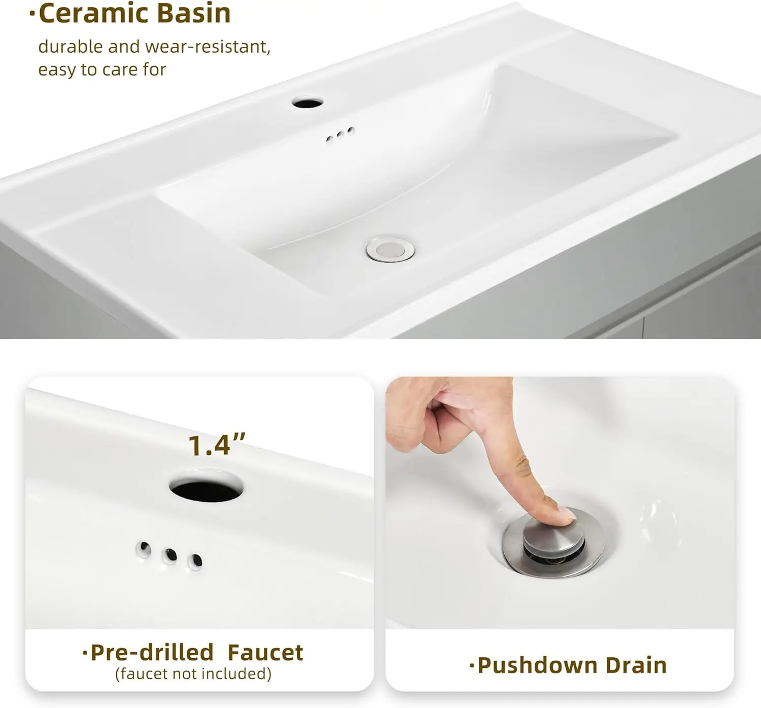 36 Inch Freestanding Bathroom Vanity Sink Combo with High-hardness Ceramic Basin Small Space Storage Adjustable Feet