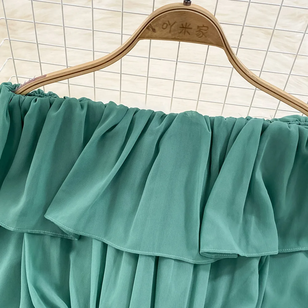 Women Vintage Off Shoulder Dress Chiffon Summer Sweet Lotus Leaf Edge Elegant Pleated Dresses Ladies Evening Party Long Dress