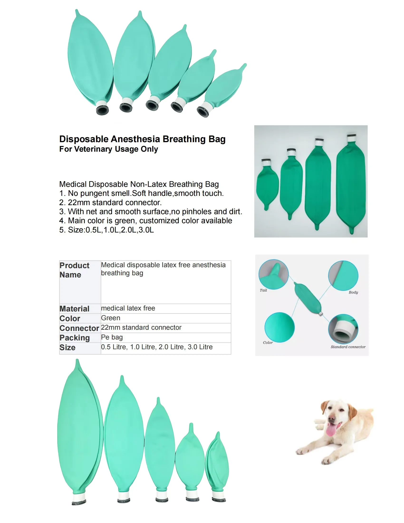 Pet 22F-Anschluss, 0,25 l, Latex-Atemballon, simulierter Lungenanästhesie, Durchblutungsschlaufe, nicht auslaufender Airbag, Atmungsairbag – Detail 1