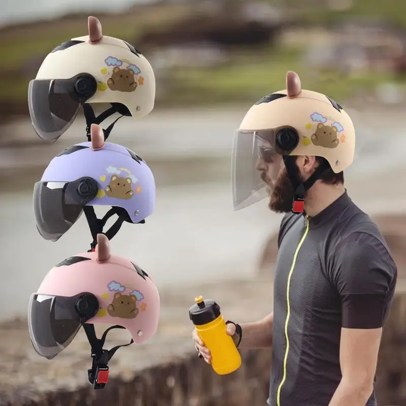 

Electric Motorcycle Helmets Single Lens Visors Cute Bear Pattern Motorbike Helmets Bicycle Men Women Summer Scooter For Adult