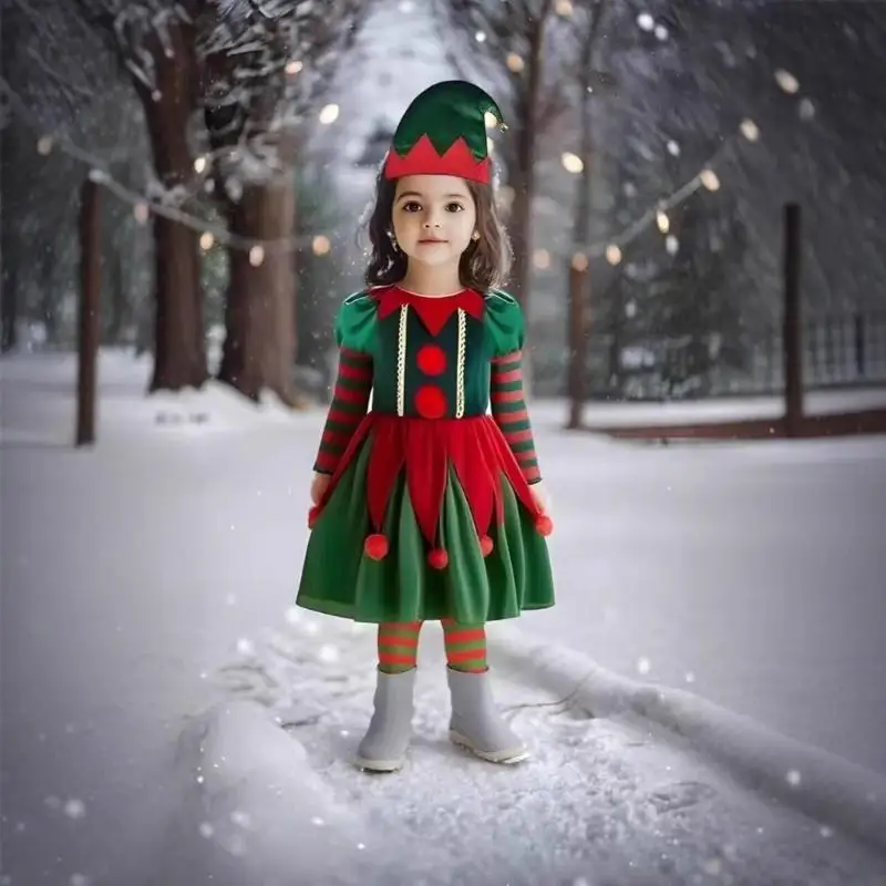 39BD Weihnachts-Elfenkleid-Kostüm für Kinder, dehnbares Spandex-Urlaubs-Rollenspiel-Kostüm, Urlaubsparty-Outfit, bequemes Tragen – Detail 10