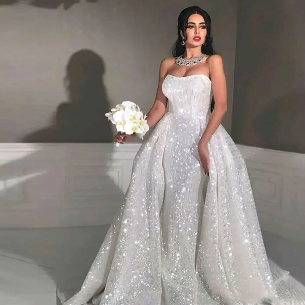 Full Sequin Plus Size Overskirt Country Bridal Gown Glitter mermaid Style arabic wedding dresses with detachable train Strapless eightree sexy wedding dresses mermaid applique bridal dress with bow sweep train satin sweetheart wedding evening gown plus size