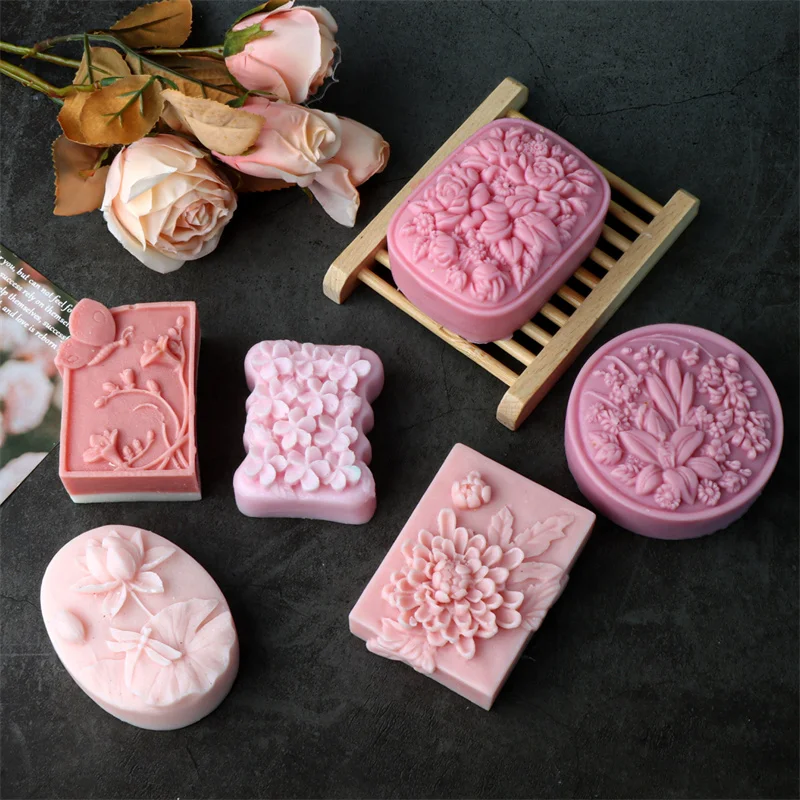 Flat floral pattern relief silicone soap mold DIY lily peony floral fragrance soap make tool silicone mold