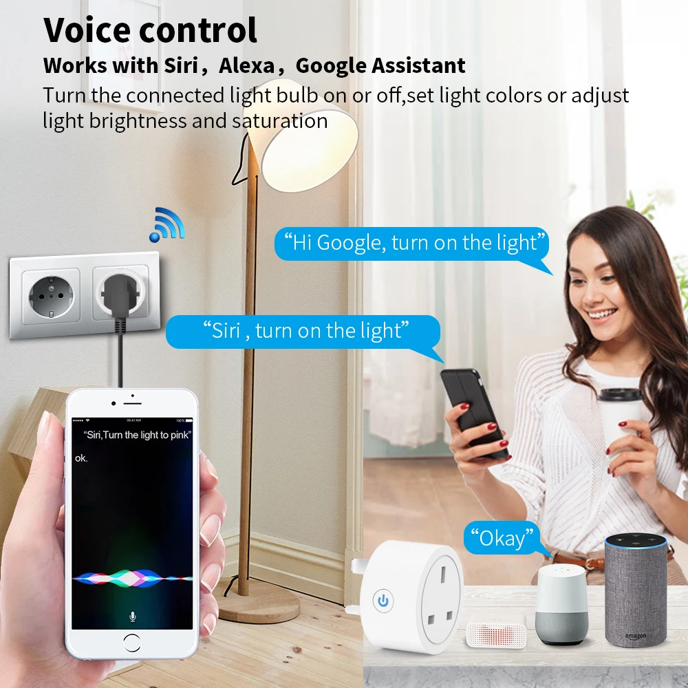 Enchufe inteligente Homekit con wifi, Siri Control de voz del Reino Unido, monitoreo de electricidad, temporizador, automatización de electrodomésticos, adaptador de salida