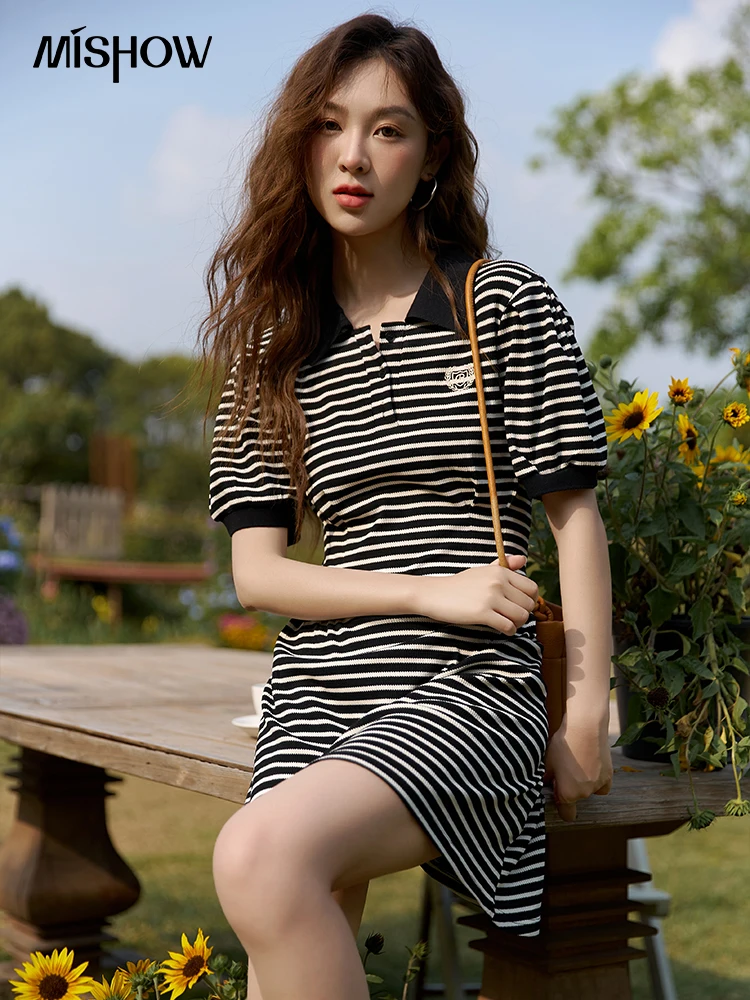 

MISHOW French Stripe Embroidered Polo Neck Dress for Women 2023 Summer Puff Sleeve A-LINE Female Knee-Length Dresses MXC16L1335