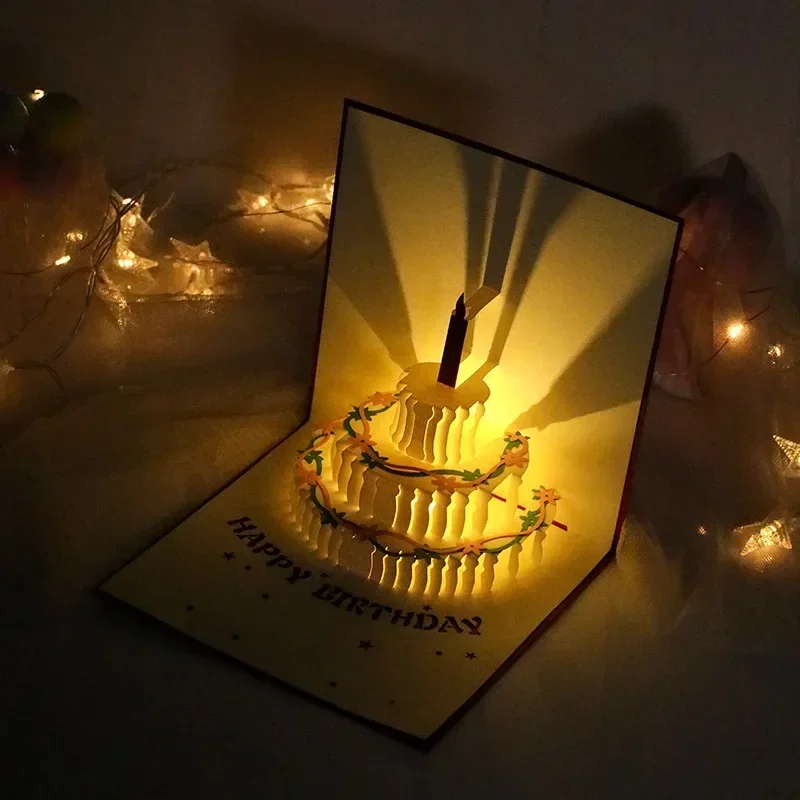 Birthday card 3d light music pop-up cake creative greeting card gift message for happy birthday party