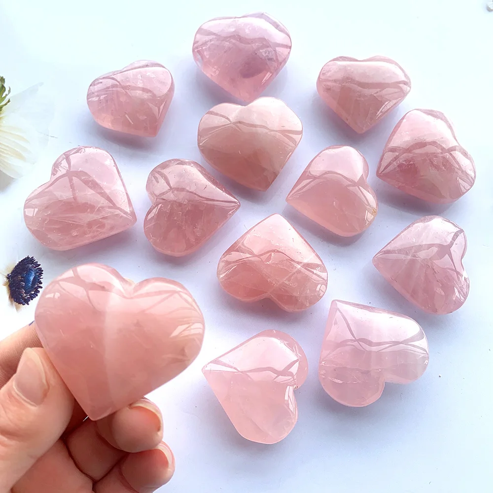 1PC Hibiscus Powder Natural Crystal Heart Shape Reiky Gemstone Pink Crystal Love  Rose Quartz Lovers Gift Collection Decoration
