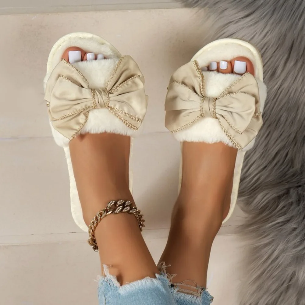 Cotton Slippers for Women in Winter, Cute Bow, Indoor Home Warmth Thick Bottom Anti Slip Open Mouth Slippers