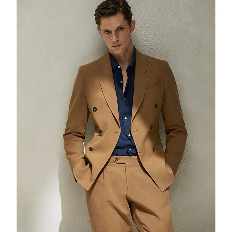 

Luxury Brown Men Suits Blazer Peaked Lapel Double Breasted Elegant Blazer Tailor Made 2 Piece Jacket Pants Slim Fit Wedding