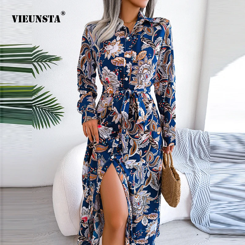 

Женское платье-рубашка с цветочным принтом, винтажное элегантное платье-рубашка с воротником-поло на завязках и разрезом в уличном стиле, Осень-зима 2023