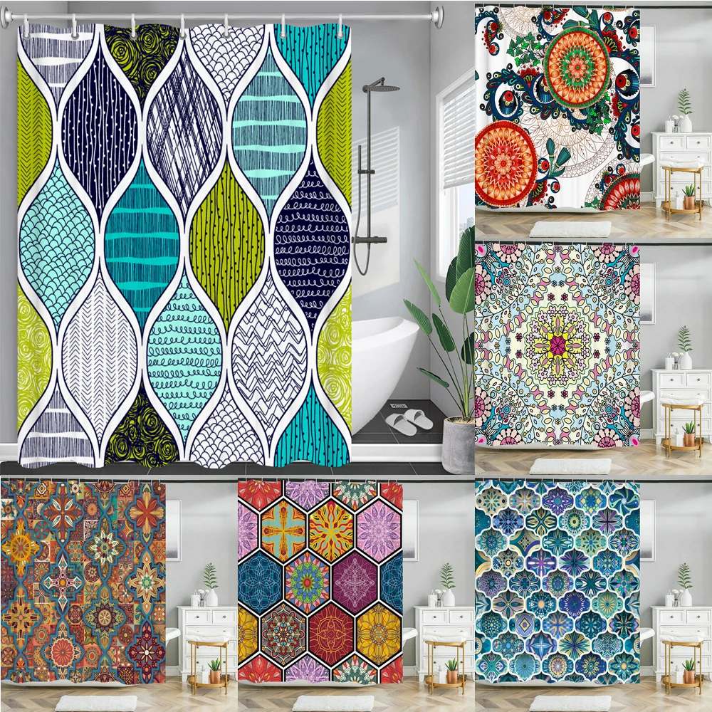 

Boho Theme Blue Shower Curtains Bathroom Cute 3D Print Waterproof Fabric with Hooks Geometric Pattern Decorative Bathtub Curtain