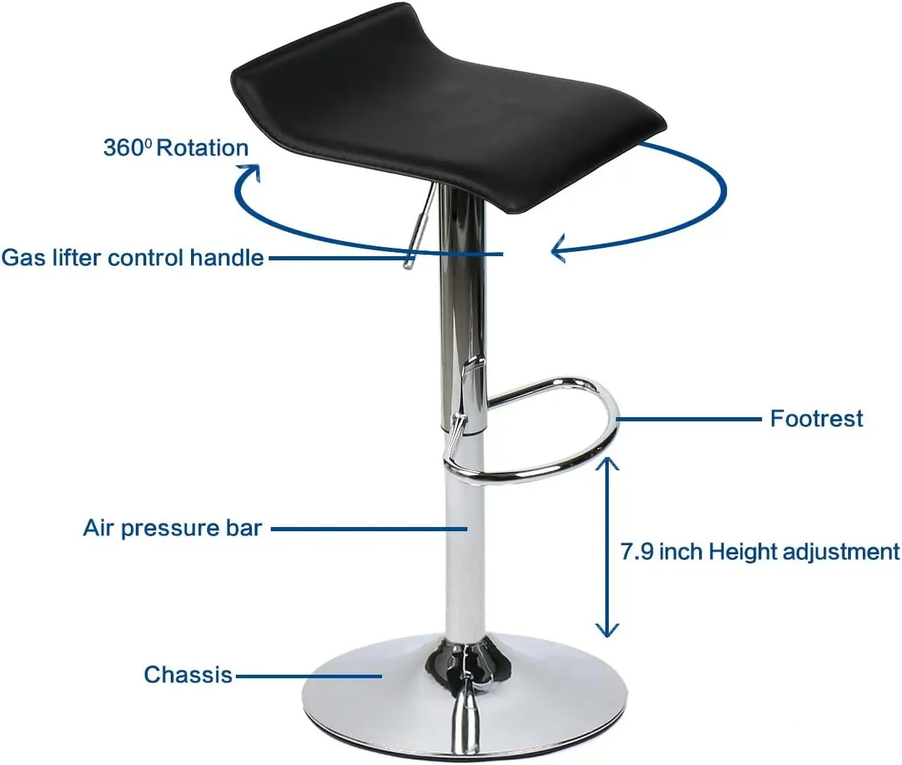 Set of 2 Barstool, Adjustable Swivel Bar Stools with PU Leather and Chrome Base, Gaslift Pub Counter Chairs, Black