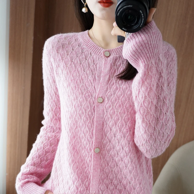 

100% Merino Wool Jacket Women's Clothing Crew Neck Empty Knitted Cardigan 2022 Autumn and Winter New Fashion Loose Female Tops