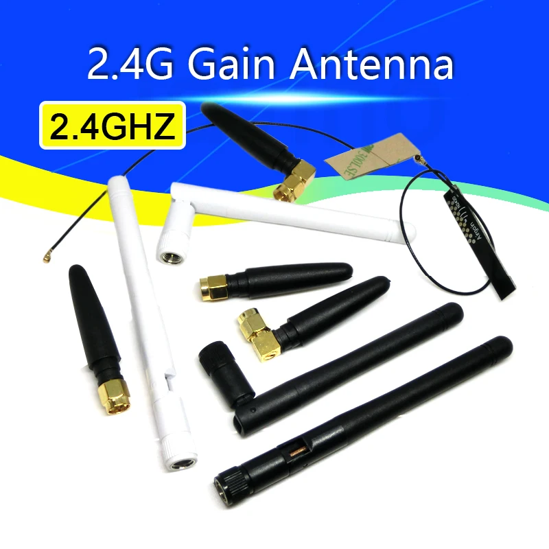 Lot de 8 antennes RF 2.4GHz 11cm pour module WiFi, connecteurs dorés et câbles noirs.