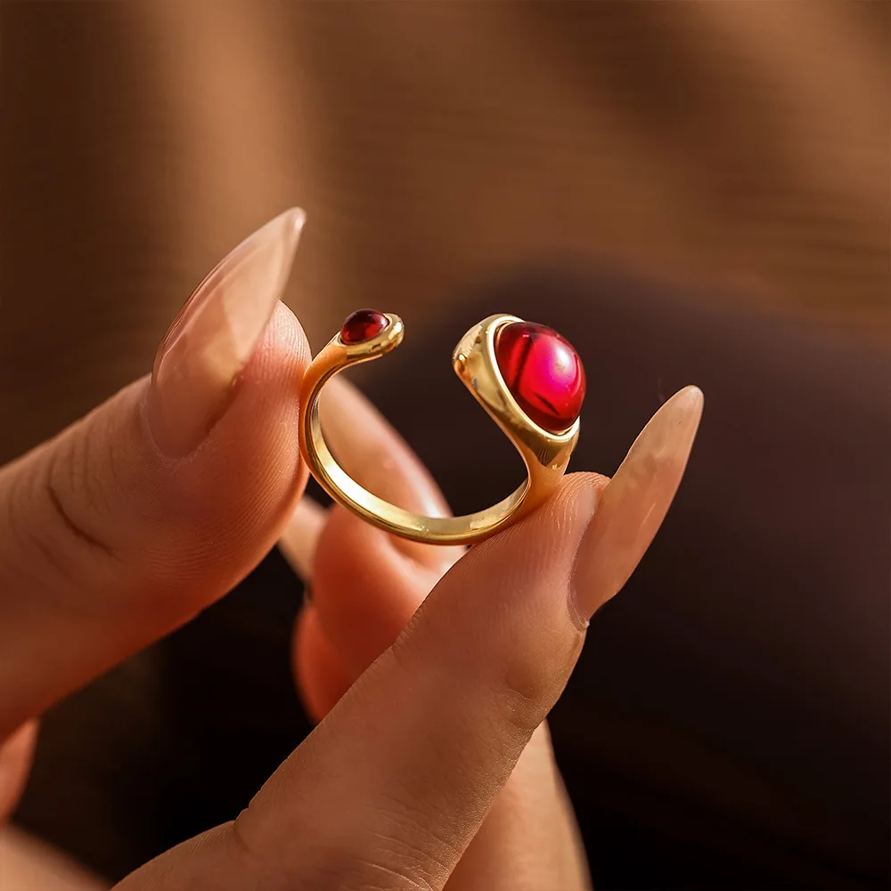 Elegant Red Garnet Gold Plated Stainless Steel Round Ring - Waterproof Luxury Jewelry Gift