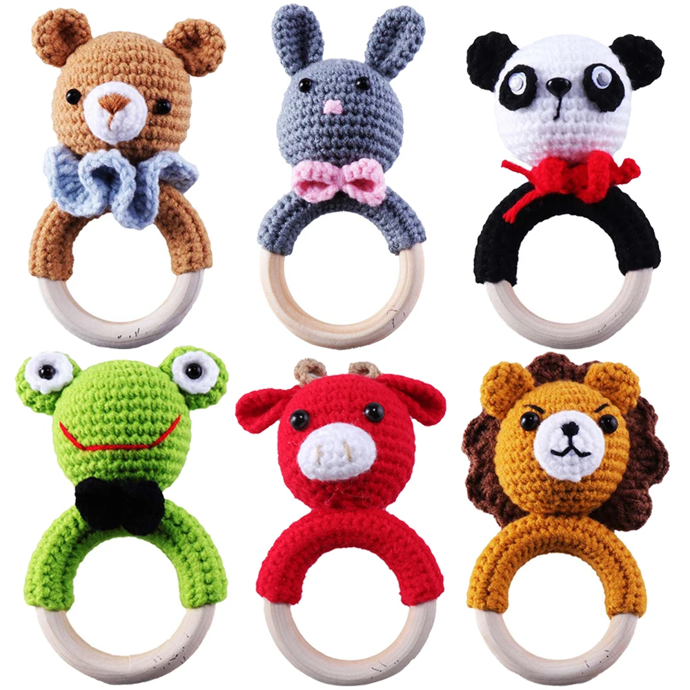 

Деревянная детская погремушка, деревянное кольцо, вязаное крючком, животное, кролик, Новорожденный ребенок, погремушки, мобильный Звонок, игрушка, захват, обучение, игрушки