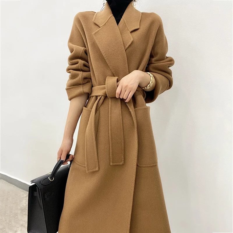 

Camel Double Sided Cashmere Coat Women's Mid length 2023 Autumn/Winter New luxury Loose Korean Tailored Collar Woolen Outwear