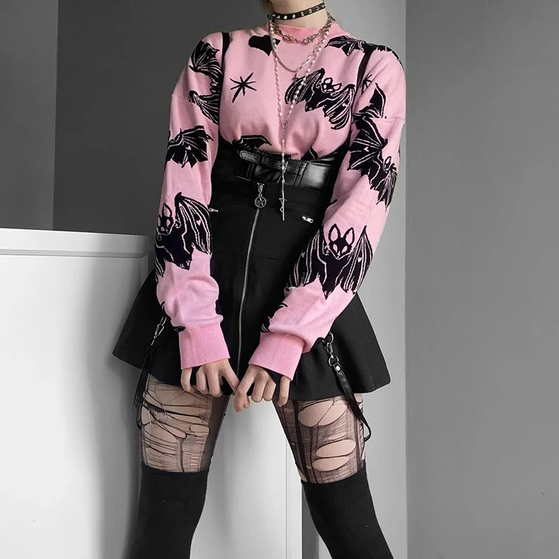 Y2K Korean Fashion Pink Sweater Goth Bat Print Pullovers Long Sleeve Tops Autumn Winter Long Sweaters Christmas Streetwear