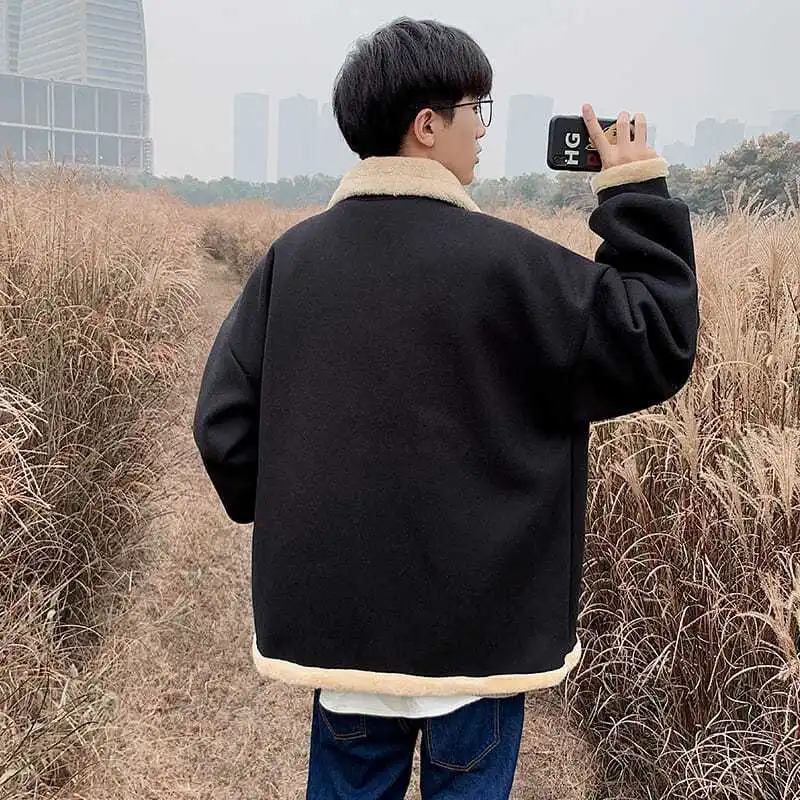 New Lamb Wool Jacket Plus Velvet Lapel With Pocket Solid Color Auumn Winter Thick Fashion Wind-proof Hot Sale Male Coat Women