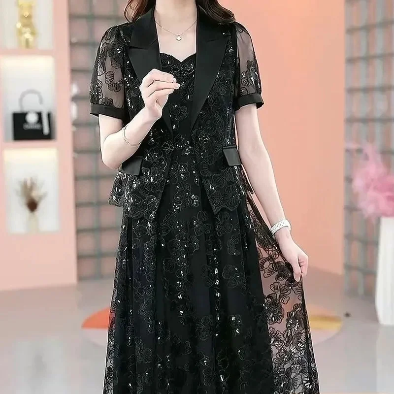 Lace Dress Women's High end Luxury Lady Two Piece Sets Silk Dress Suit  Jacket And Dress 2023 Summer Waist Slim Long A-line Dress - AliExpress  200000345