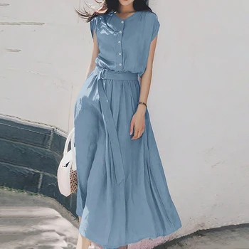 Women's Denim Look Maxi Dress, Casual Short Sleeve Button Down Shirt Dress with Belt Elegant Flowy A-Line Long Summer Dress 1