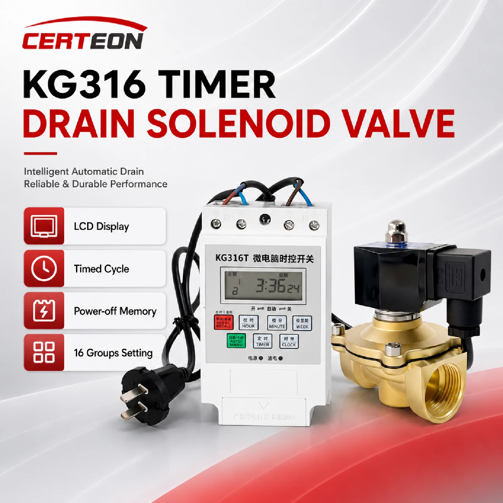 Intelligent Automatic Drain Valve Air Compressor Condensate Drain Valve KG316T LCD Timer Solenoid Valve AC220V 16 Programs